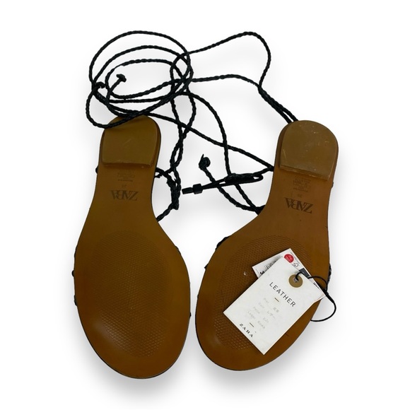 Black Zara Braided Leather Flat Tie Up Sandals Women’s Size 7.5 - Picture 11 of 12